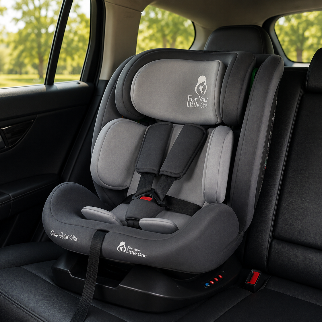 Car seat in vehicle interior, dark slate with light gray headrest and harness, side view