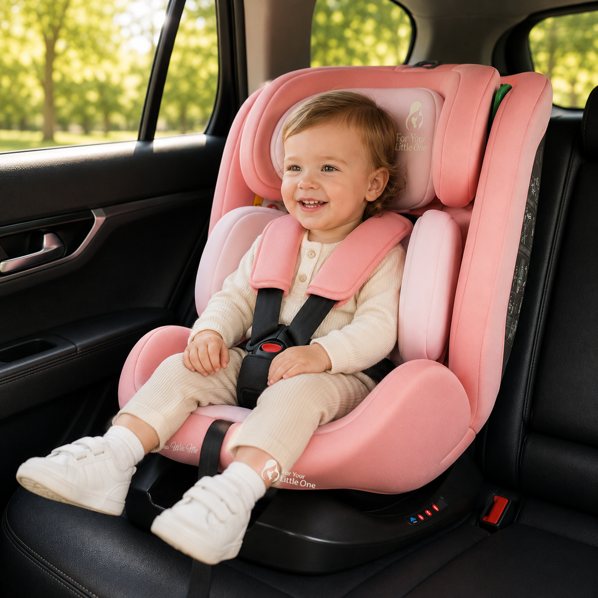 Blush rose car seat in use with child seated, harness buckled and headrest visible