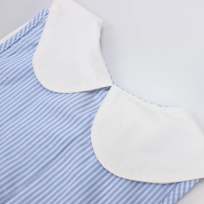 Girls blue striped summer dress shoulder detail with white Peter Pan collar underside