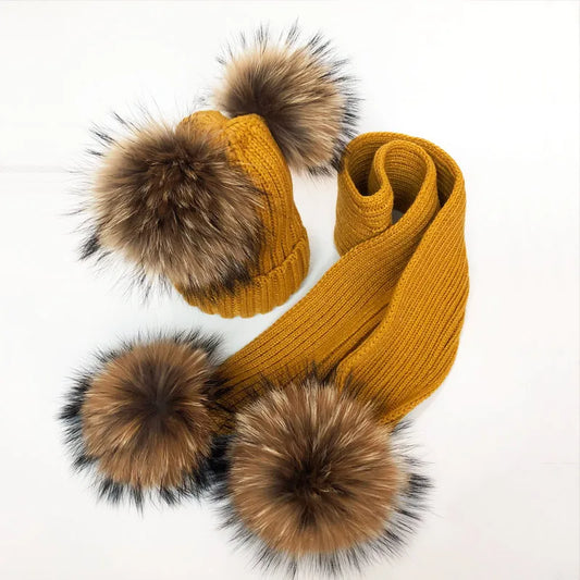 Pom Pom Hat & Scarf Set 4 Balls Mustard Racoon Fur