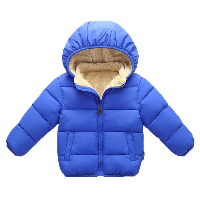 Royal blue hooded puffer jacket with sherpa lining and front zipper