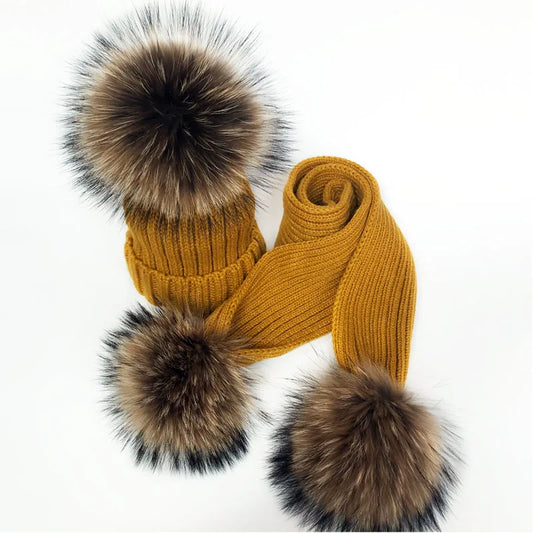 Pom Pom Hat & Scarf Set 3 Balls Mustard Racoon Fur