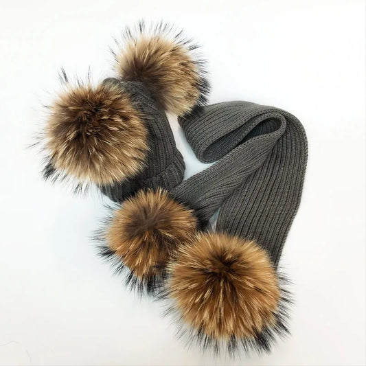 Pom Pom Hat & Scarf Set 4 Balls Grey Racoon Fur