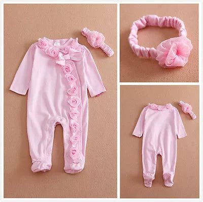 Baby Girl Pink Flower Romper and Mathcing Headband *
