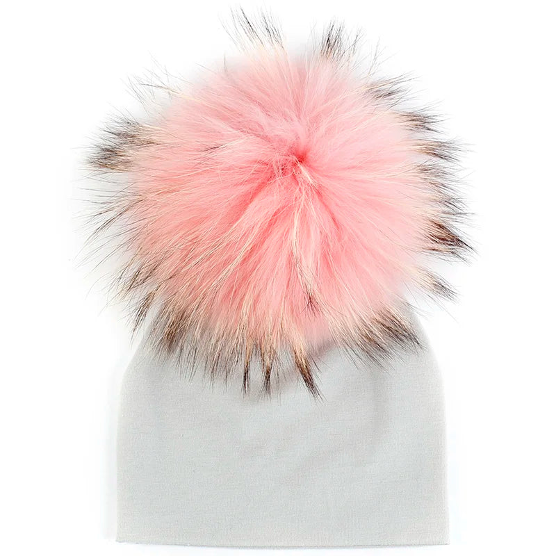 Newborn First Size large Pom Pom Hat 'Real Fur'
