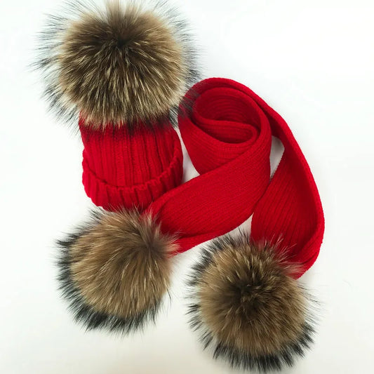 Pom Pom Hat & Scarf Set 3 Balls Red Racoon Fur