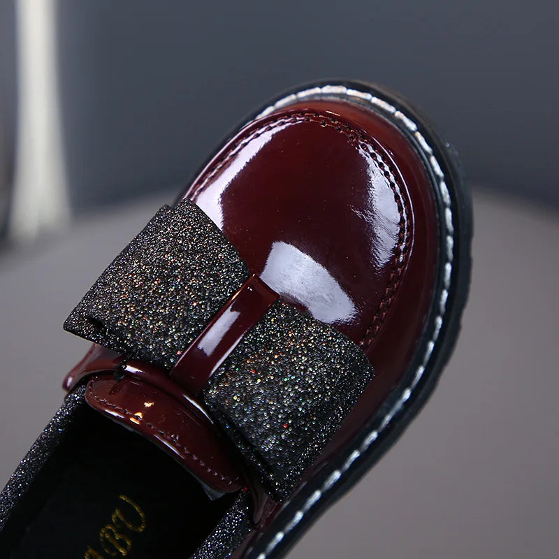 Girls Red Wine Patent Leather Bow Mocassin School Shoes