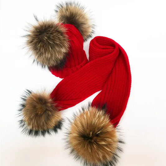 Pom Pom Hat & Scarf Set 4 Balls Red Racoon Fur