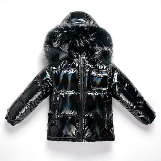 Boys Black Fox Fur Hooded Jacket