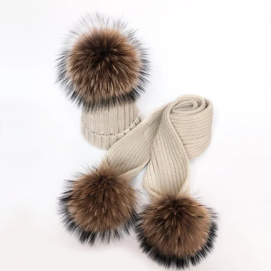Pom Pom Hat & Scarf Set 3 Balls Beige Racoon Fur