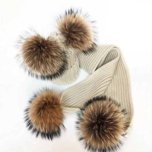 Pom Pom Hat & Scarf Set 4 Balls Beige Racoon Fur