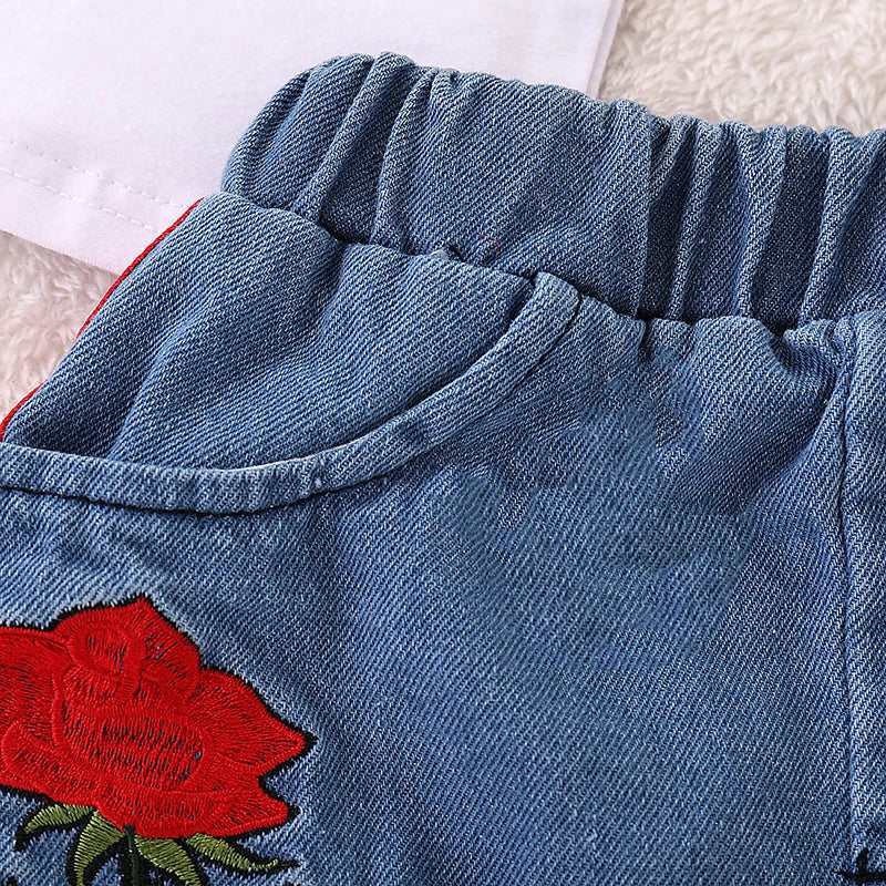 Girls Red Roses Denim Skirt and T shirt