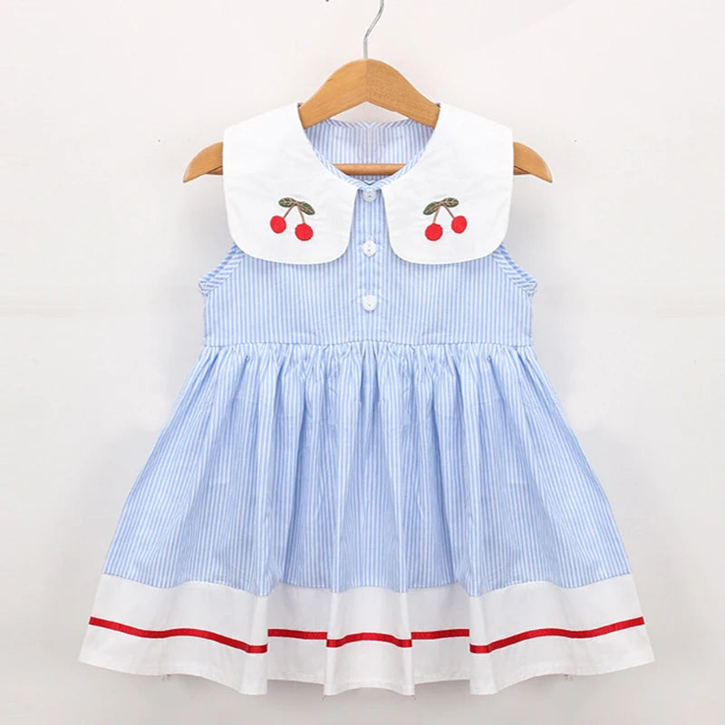 Girls blue striped summer dress with white Peter Pan collar, cherry embroidery and red hem
