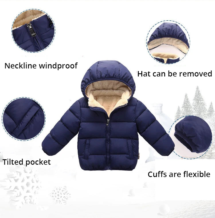 Navy blue hooded puffer jacket with sherpa lining, front zipper, and elastic cuffs
