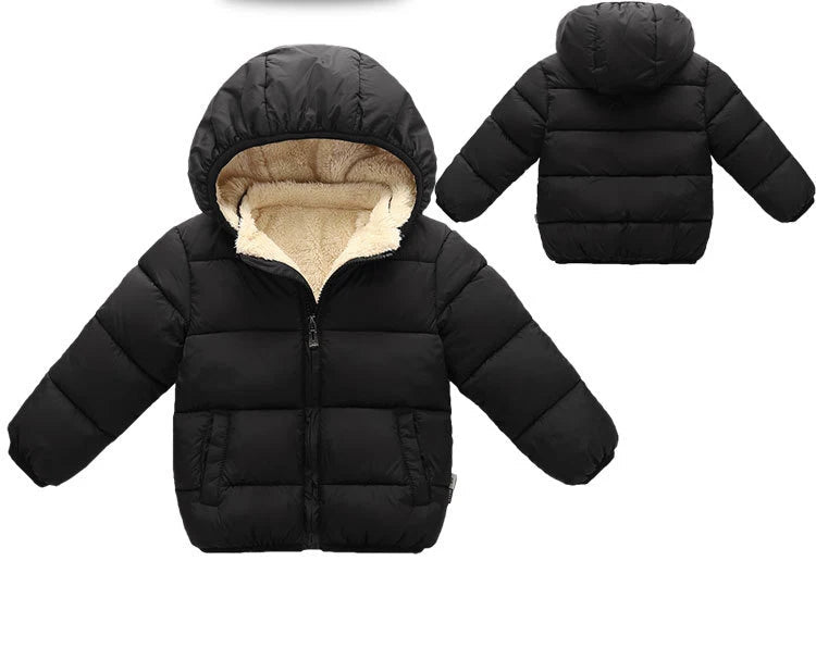 Black hooded puffer jacket with sherpa lining and full front zipper