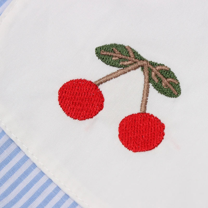 Girls cherry embroidery on white collar of blue striped summer dress
