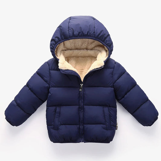 Dark blue hooded puffer jacket with sherpa lining and front zipper