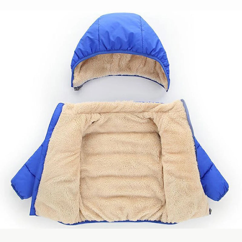 Blue hooded puffer jacket showing tan sherpa inner lining