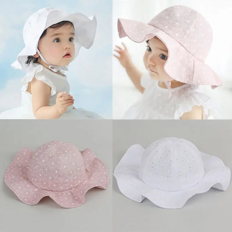 Baby wearing a white and pink polka dot sun hat with close-up shots of the hat on a gray background.