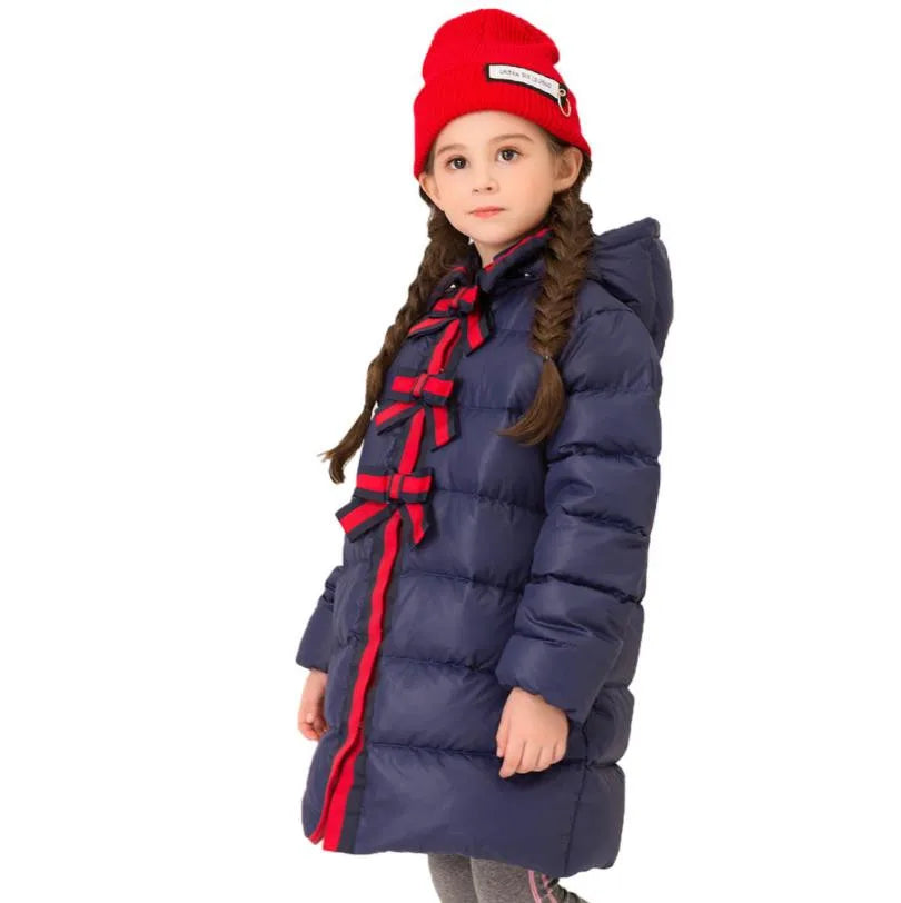 Girls Navy and Red trim Long Length Coat