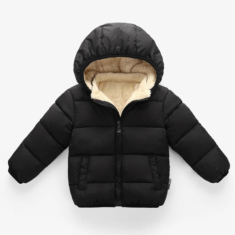 Black hooded puffer jacket with sherpa lining and front zipper