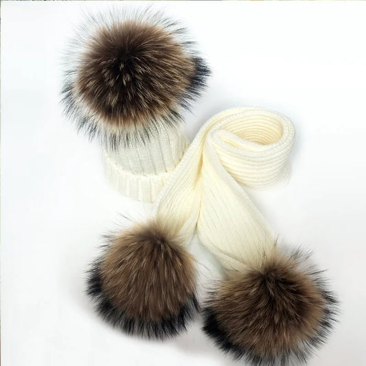 Pom Pom Hat & Scarf Set 3 Balls Cream Racoon Fur