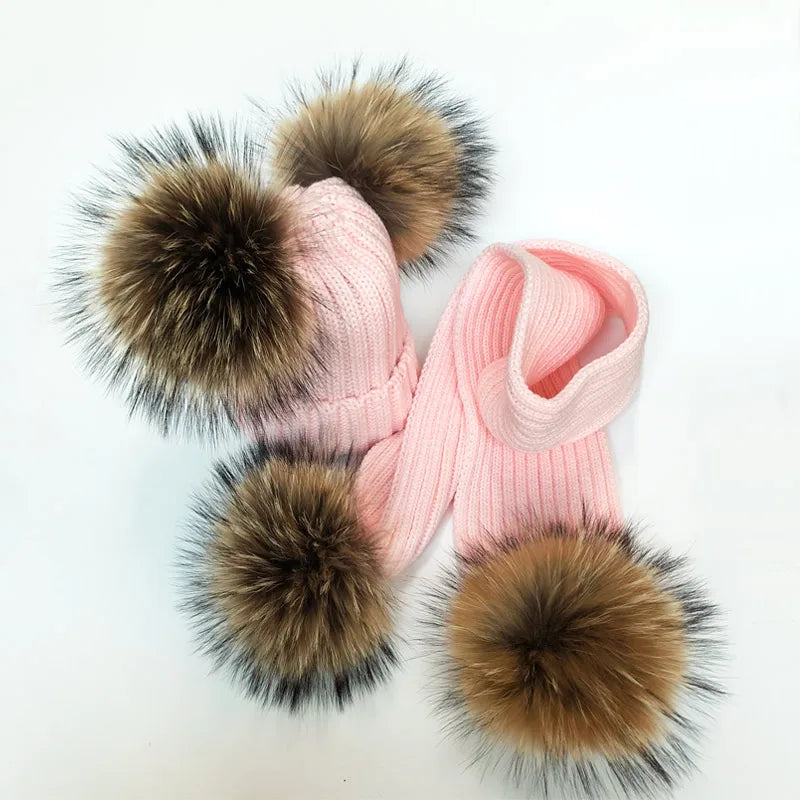 Pom Pom Hat & Scarf Set 4 Balls Baby Pink Racoon Fur