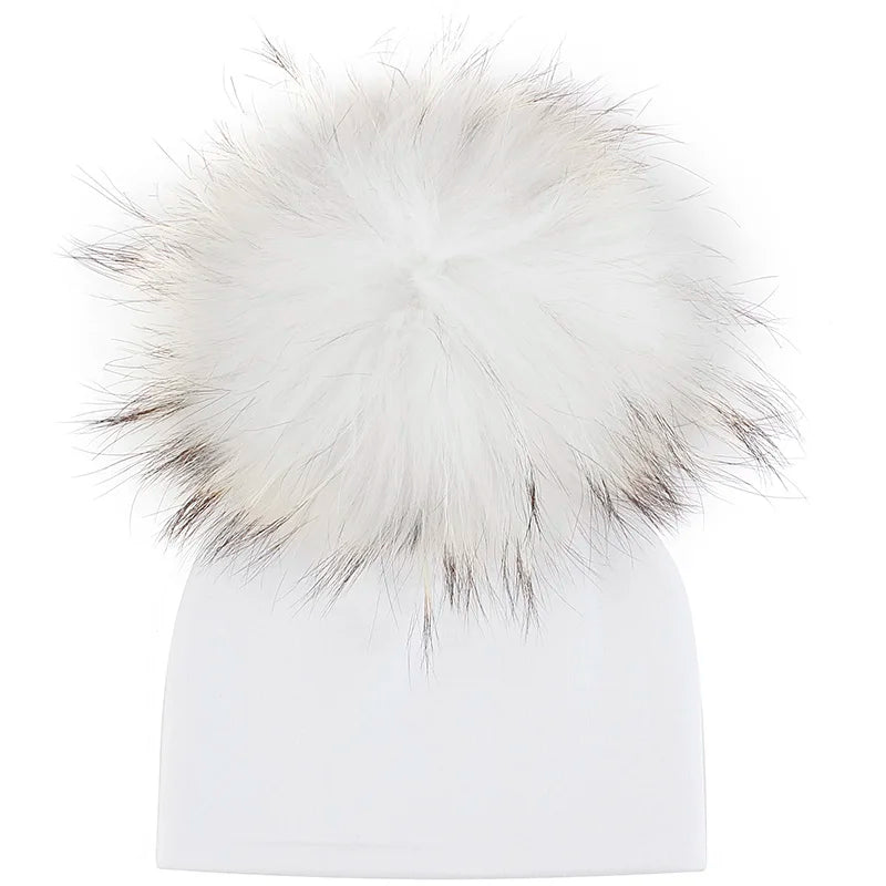 Newborn First Size large Pom Pom Hat 'Real Fur'