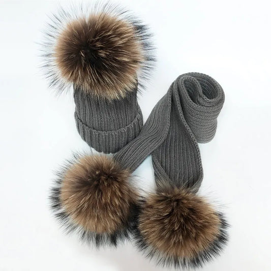 Pom Pom Hat & Scarf Set 3 Balls Grey Racoon Fur