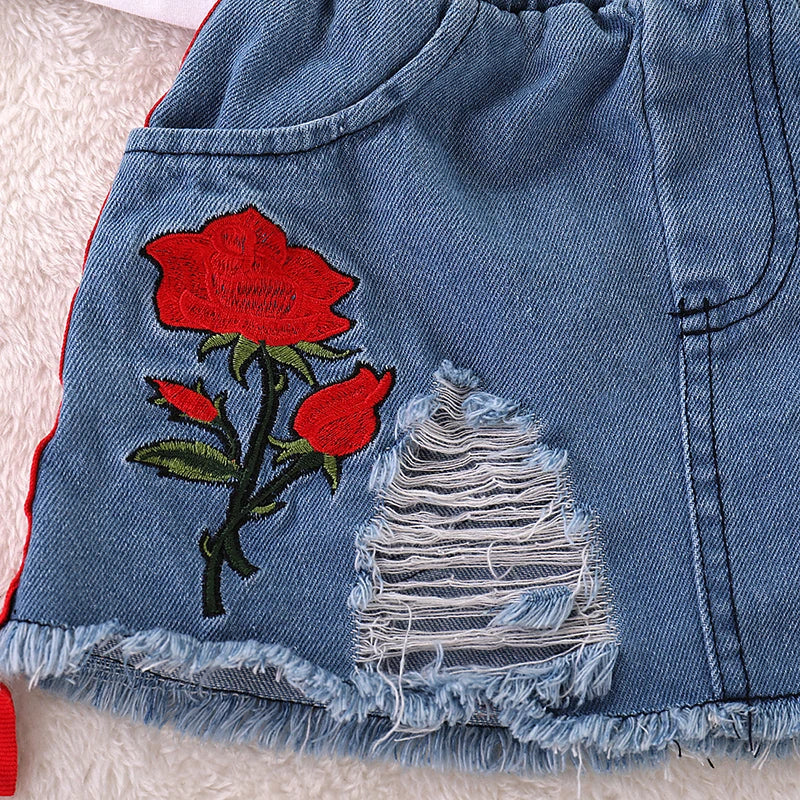 Girls Red Roses Denim Skirt and T shirt