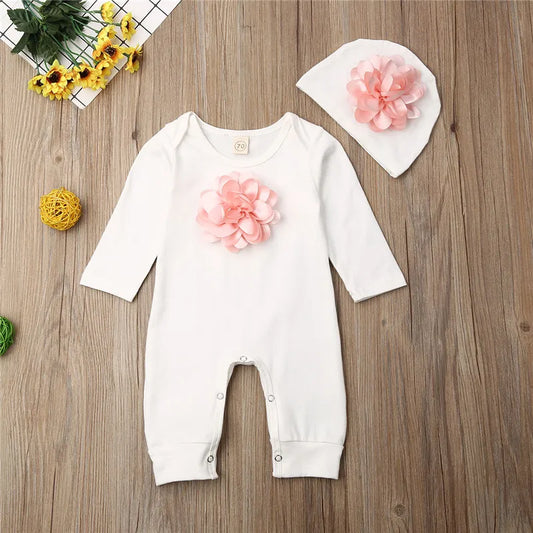 Baby Girl White Floral Motif Romper and matching hat *