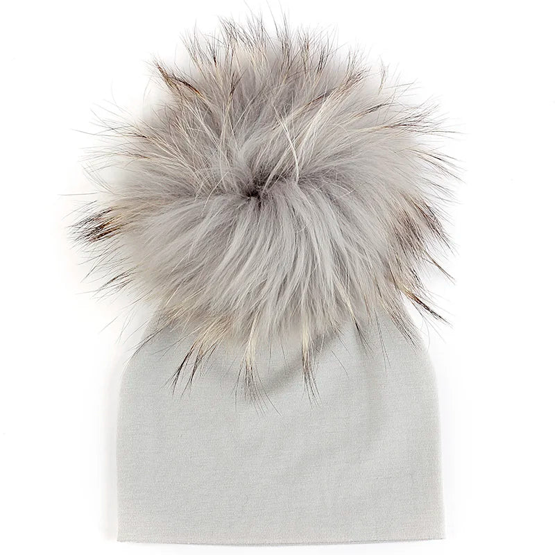 Newborn First Size large Pom Pom Hat 'Real Fur'