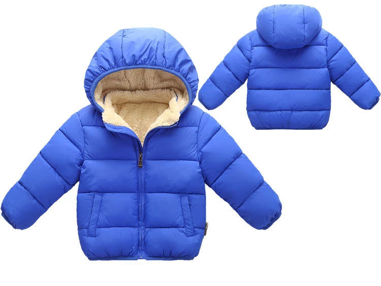 Blue hooded puffer jacket with sherpa lining and full front zipper