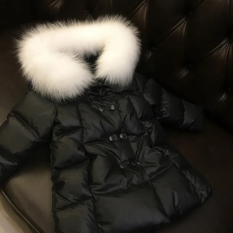 Girls Black Long Length Coat with White Faux Fur Hood