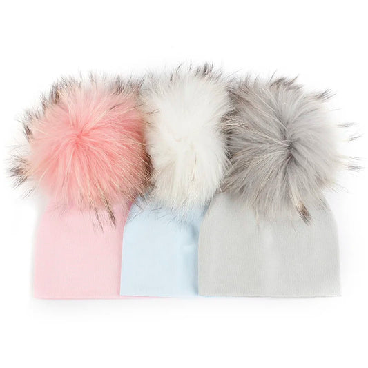 Newborn First Size large Pom Pom Hat 'Real Fur'