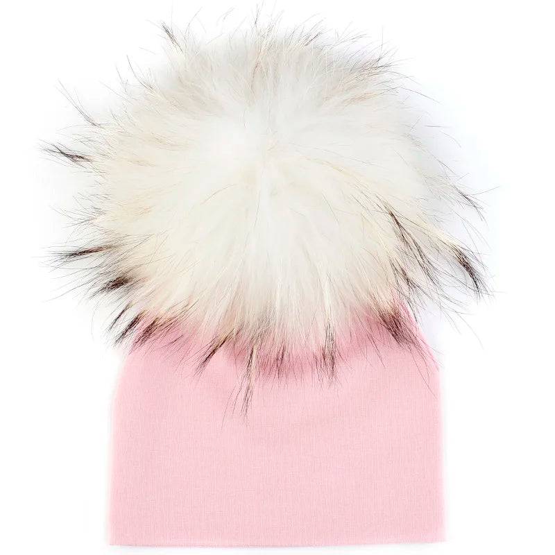 Newborn First Size large Pom Pom Hat 'Real Fur'