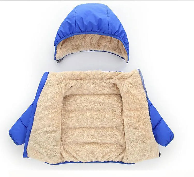 Blue hooded puffer jacket with tan sherpa lining, plush hood and open interior