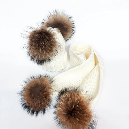 Pom Pom Hat & Scarf Set 4 Balls Cream Racoon Fur