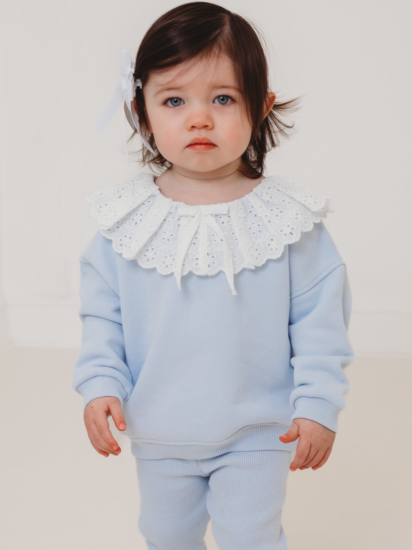 Light blue baby top and ribbed leggings set with white eyelet frill collar, front