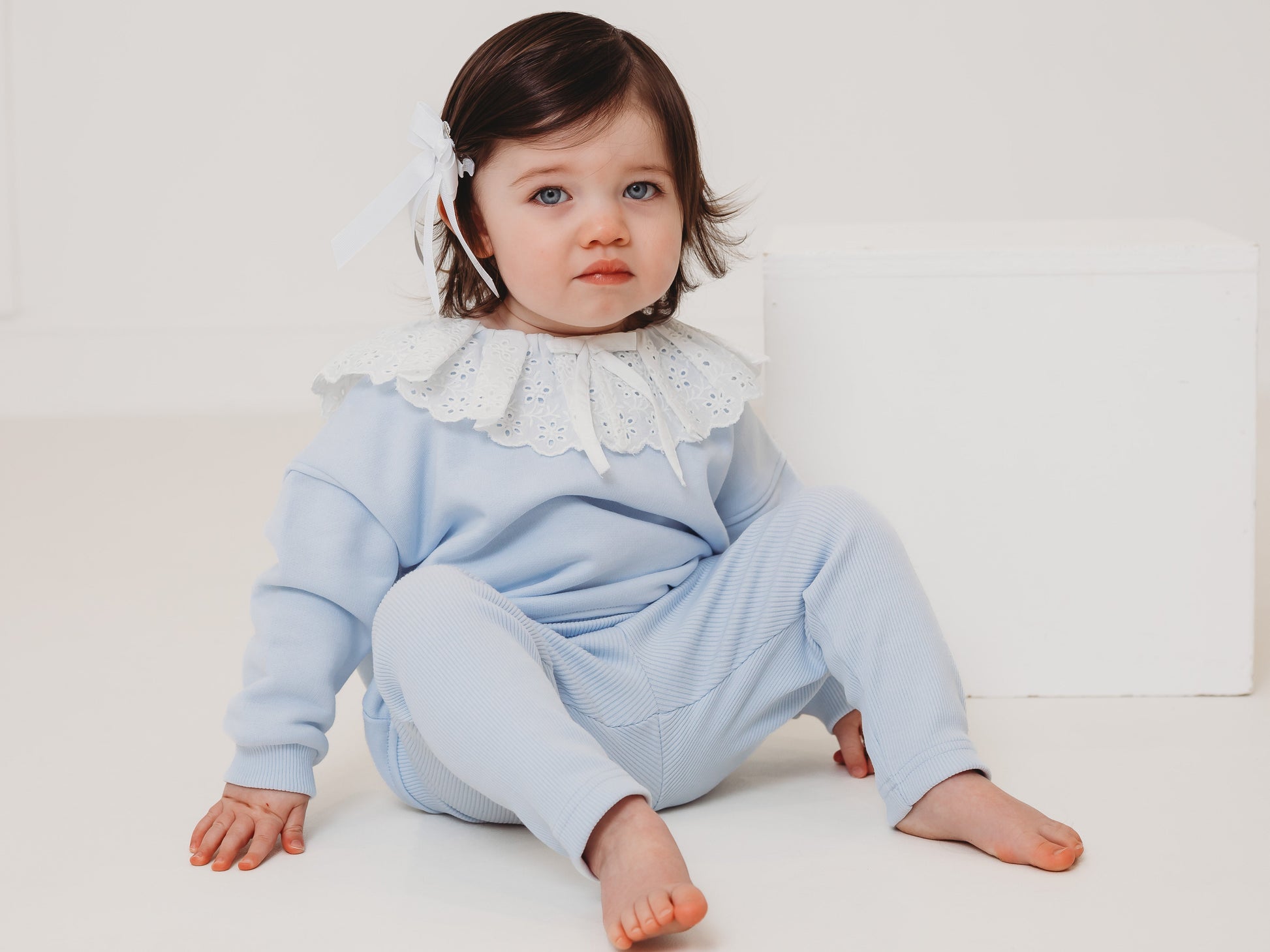 Light blue baby top and ribbed leggings set with white eyelet frill collar