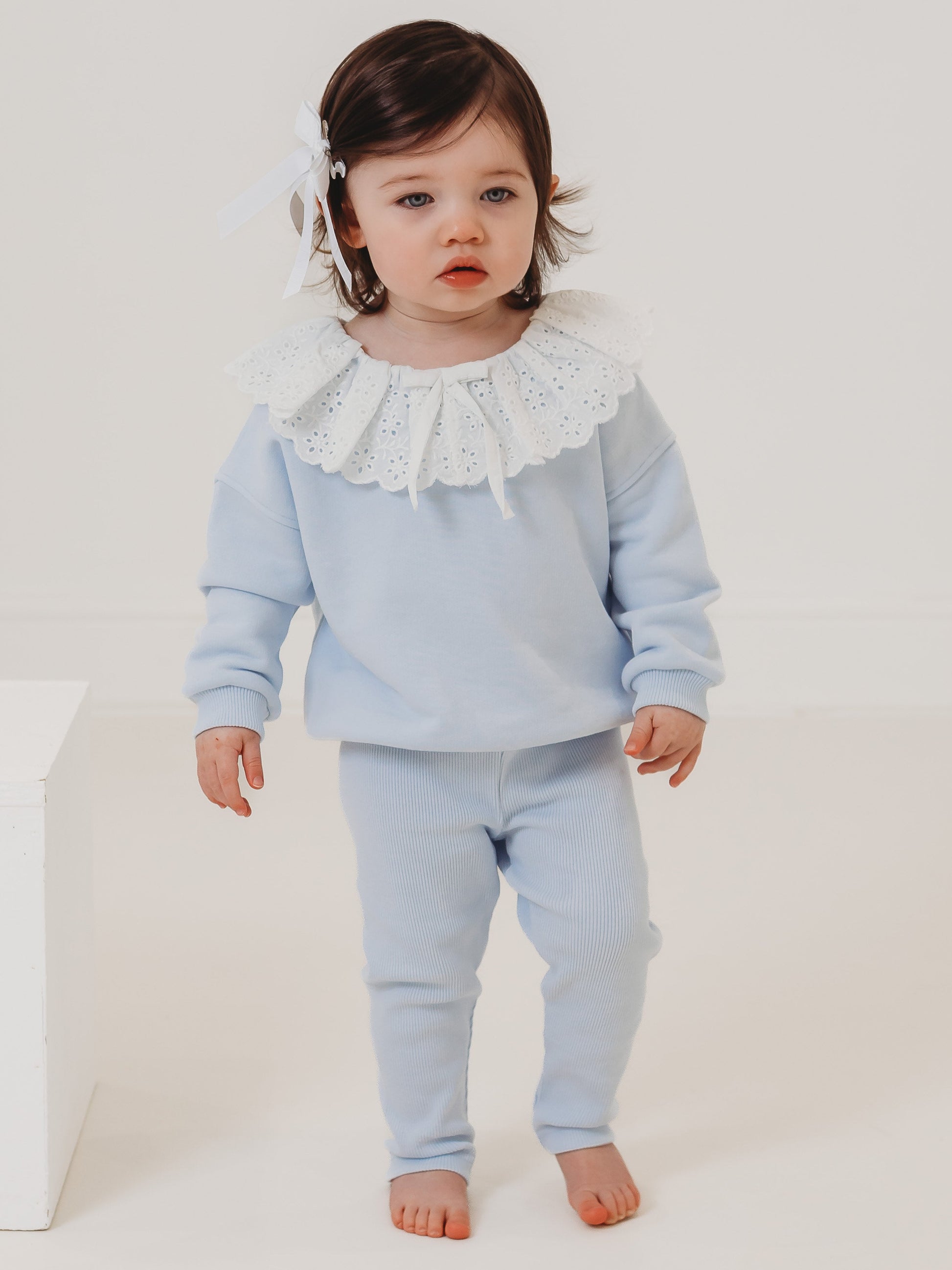 Light-blue kids top and ribbed leggings set with white lace frill collar