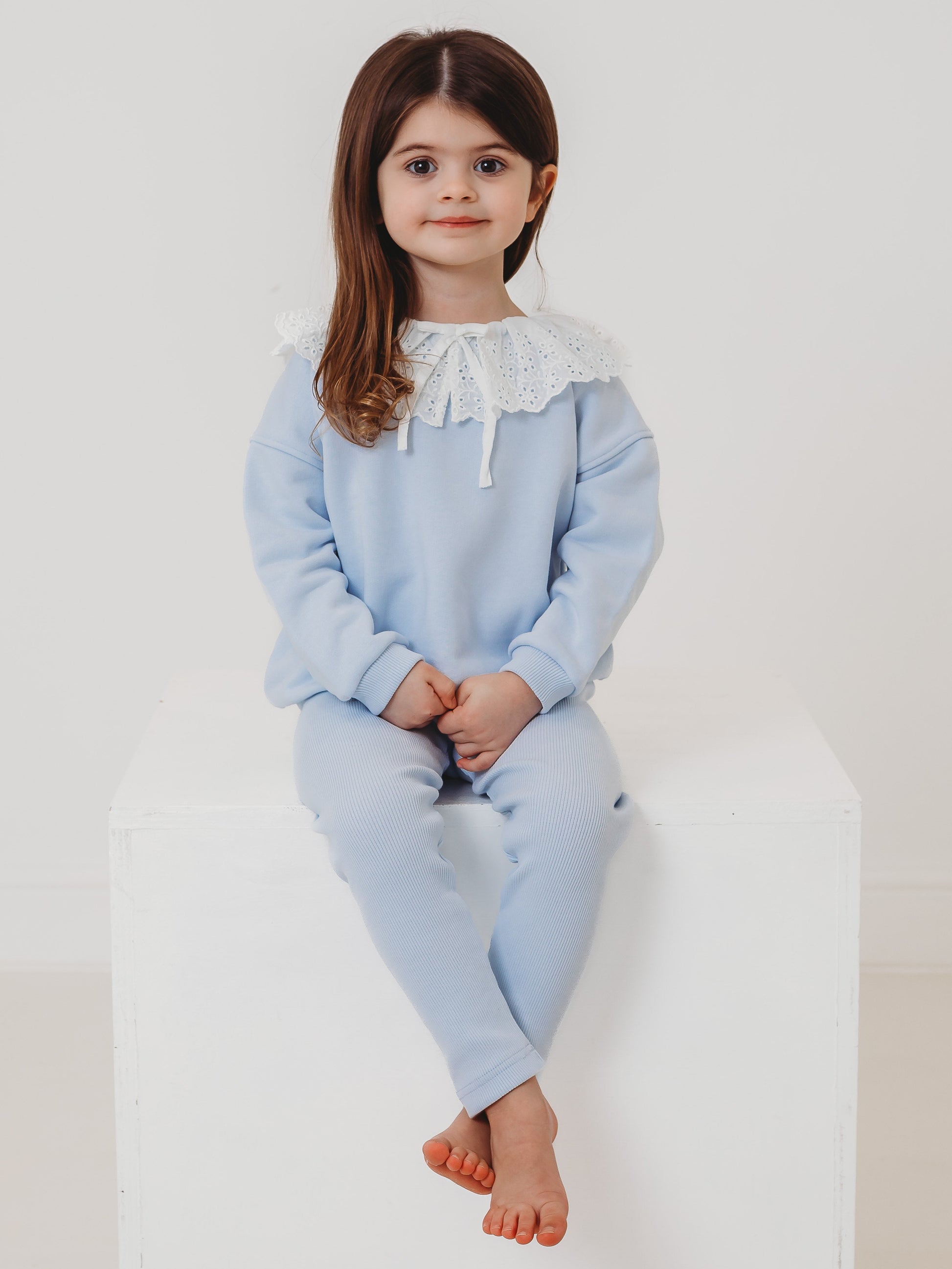 Kids light-blue top and ribbed leggings set, lace frill collar and ribbed cuffs