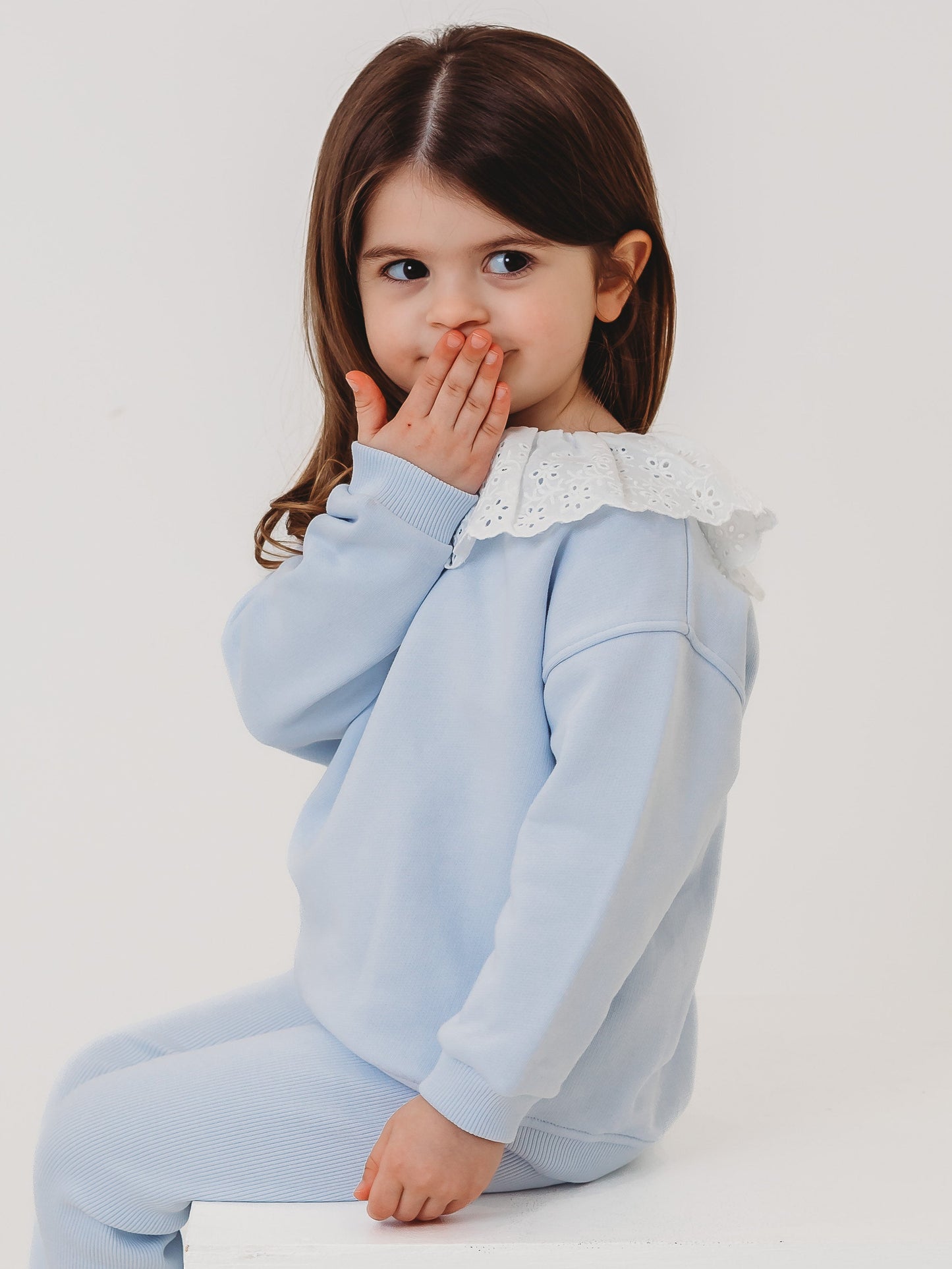 Kids light-blue top and ribbed leggings set with eyelet lace frill collar
