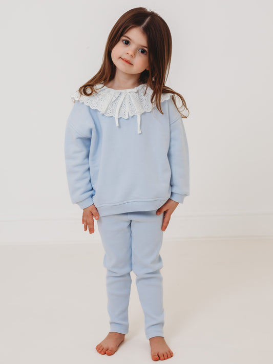 Kids light-blue top and ribbed leggings set, lace frill collar detail