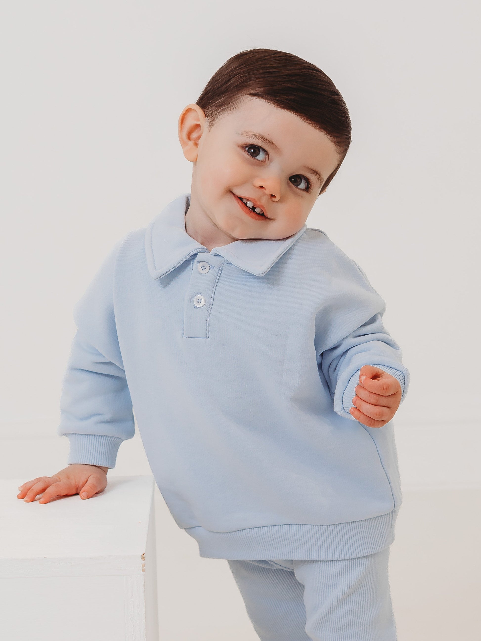 Light blue kids polo top and ribbed leggings set, long sleeves with button placket