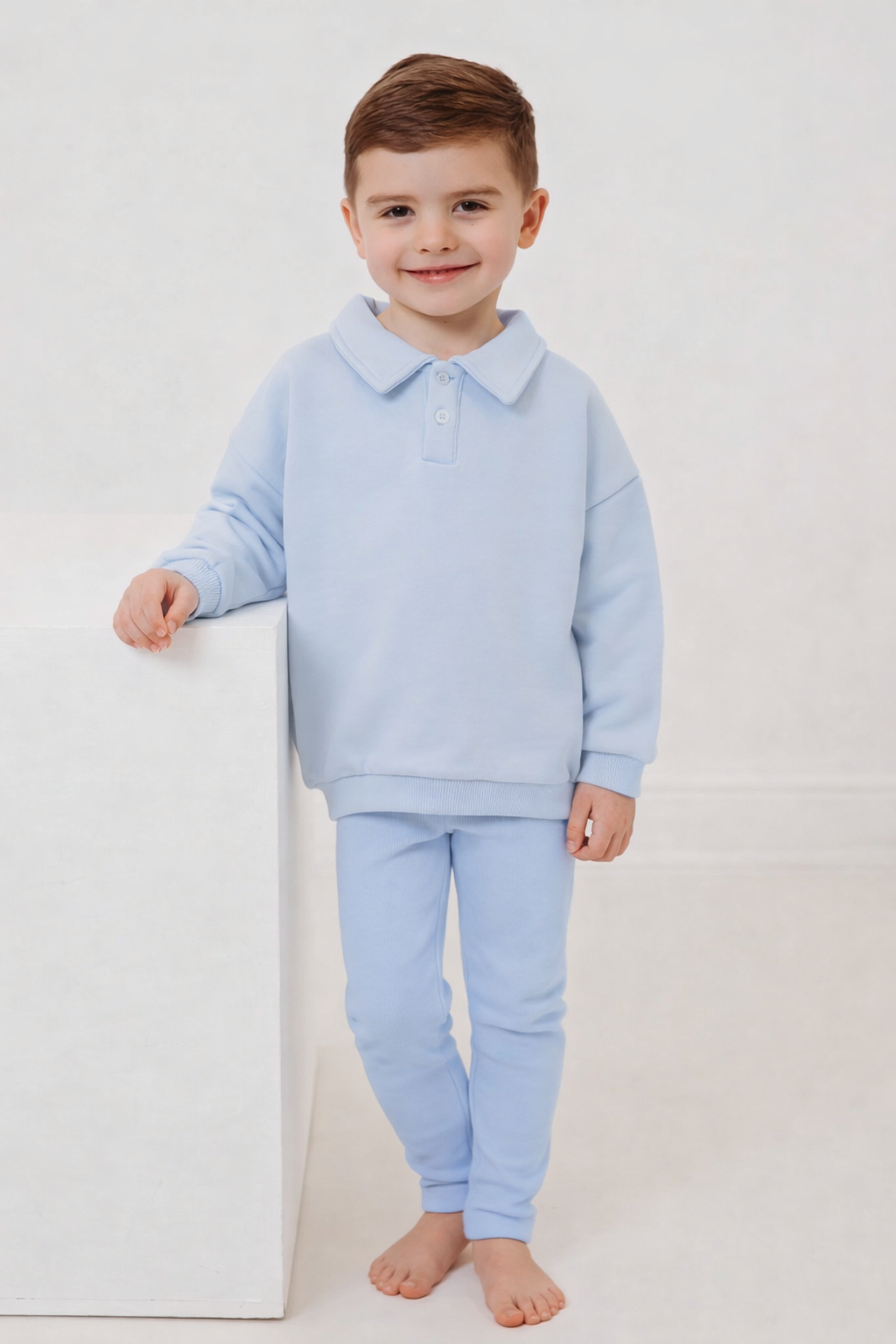 Light blue polo collar top and ribbed leggings set, full body standing
