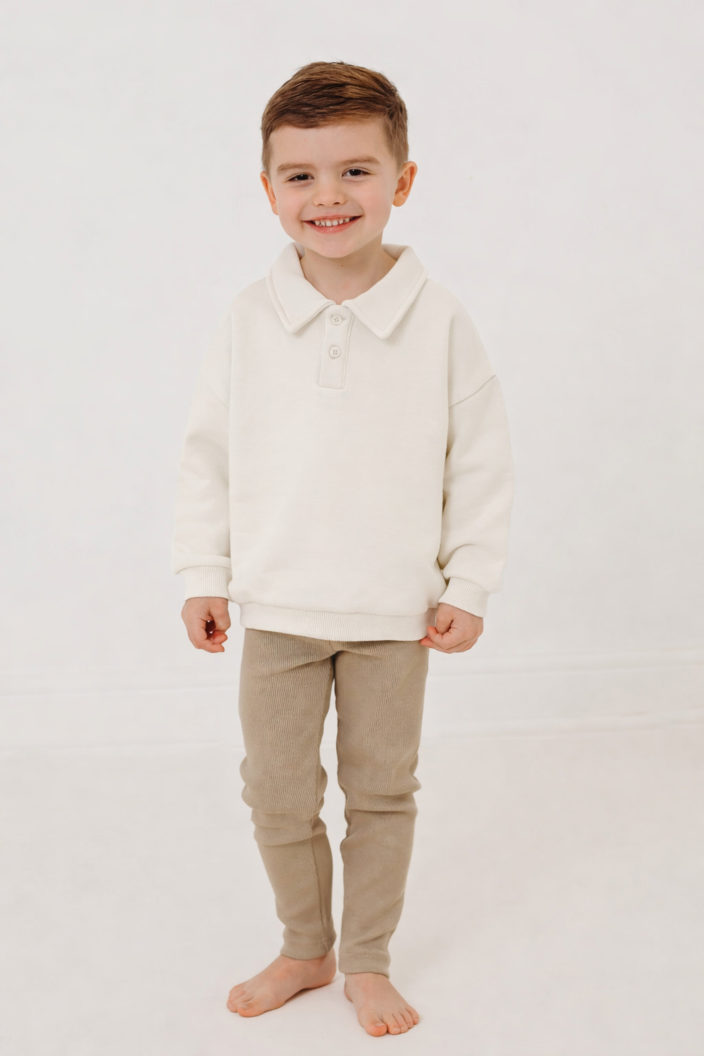 Toddler polo-collar top and beige ribbed leggings set, full front view