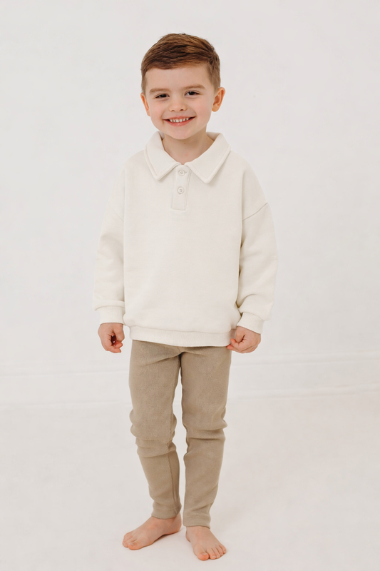 Toddler polo-collar top and beige ribbed leggings set, full front view