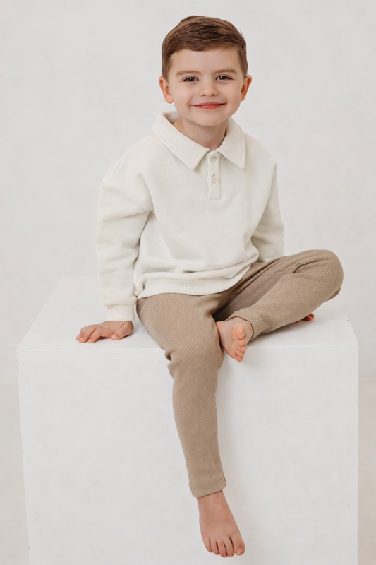 Cream polo-collar long-sleeve top with beige ribbed leggings, toddler set