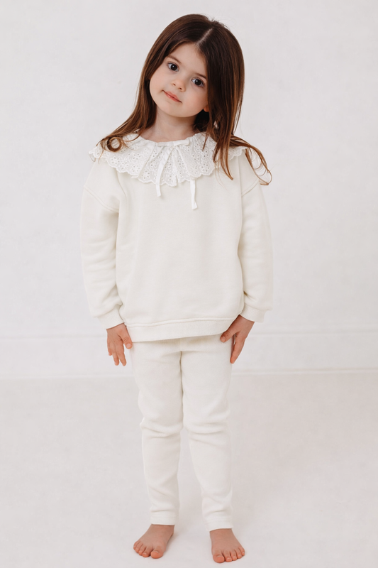 Ivory frilled collar top with broderie anglaise yoke and matching ribbed leggings set